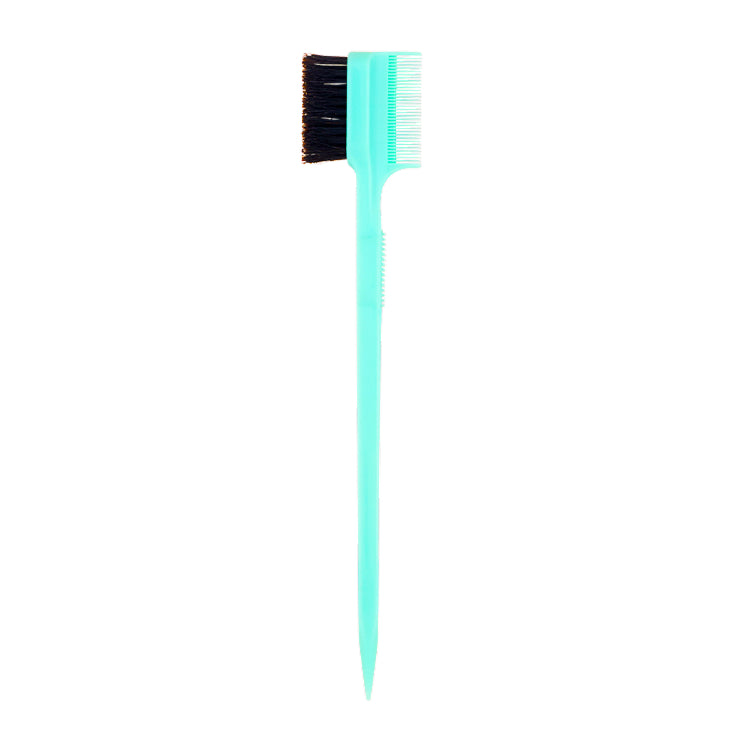 A blue handle hair edge brush with a black bristle head.