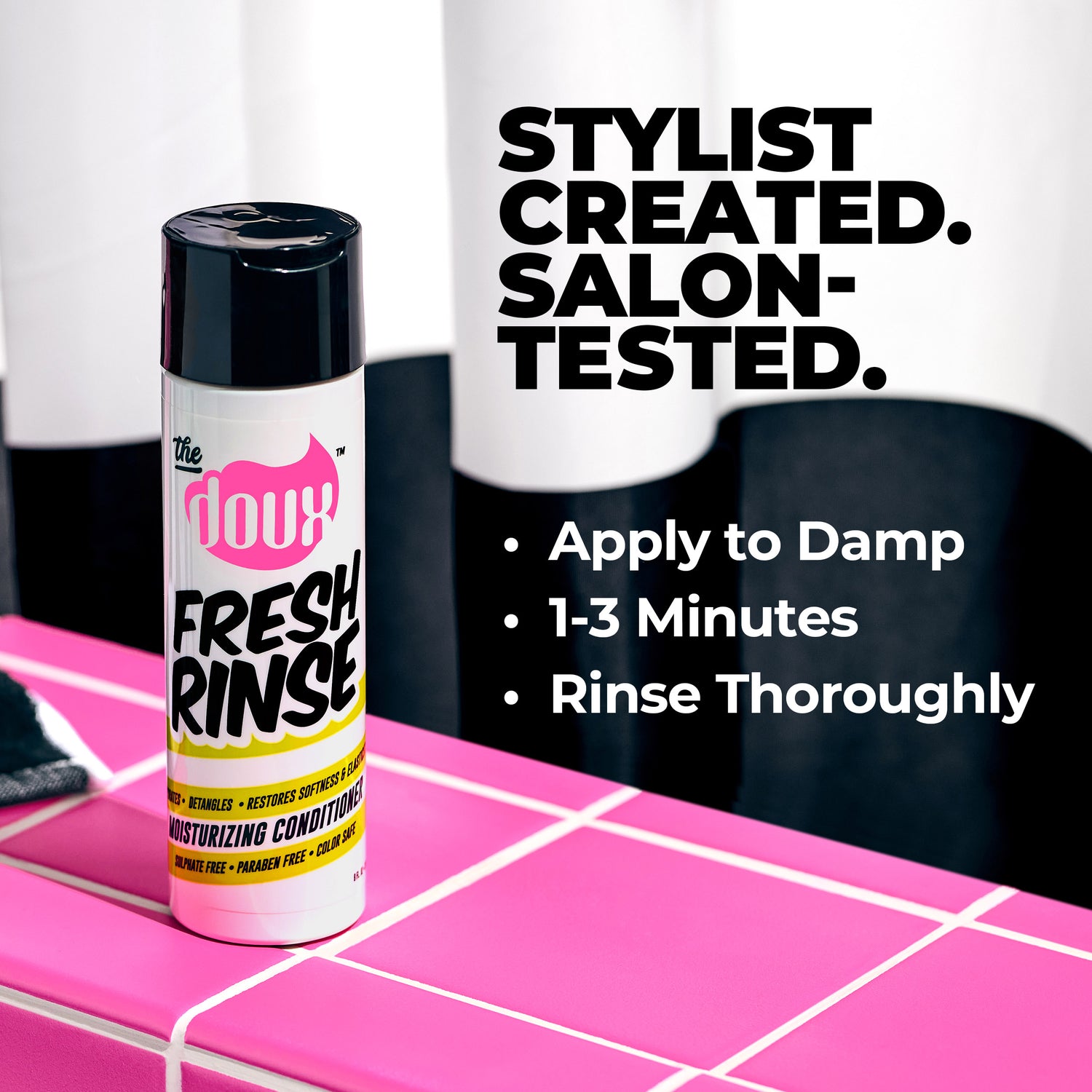 a can of hair rinse on a pink counter