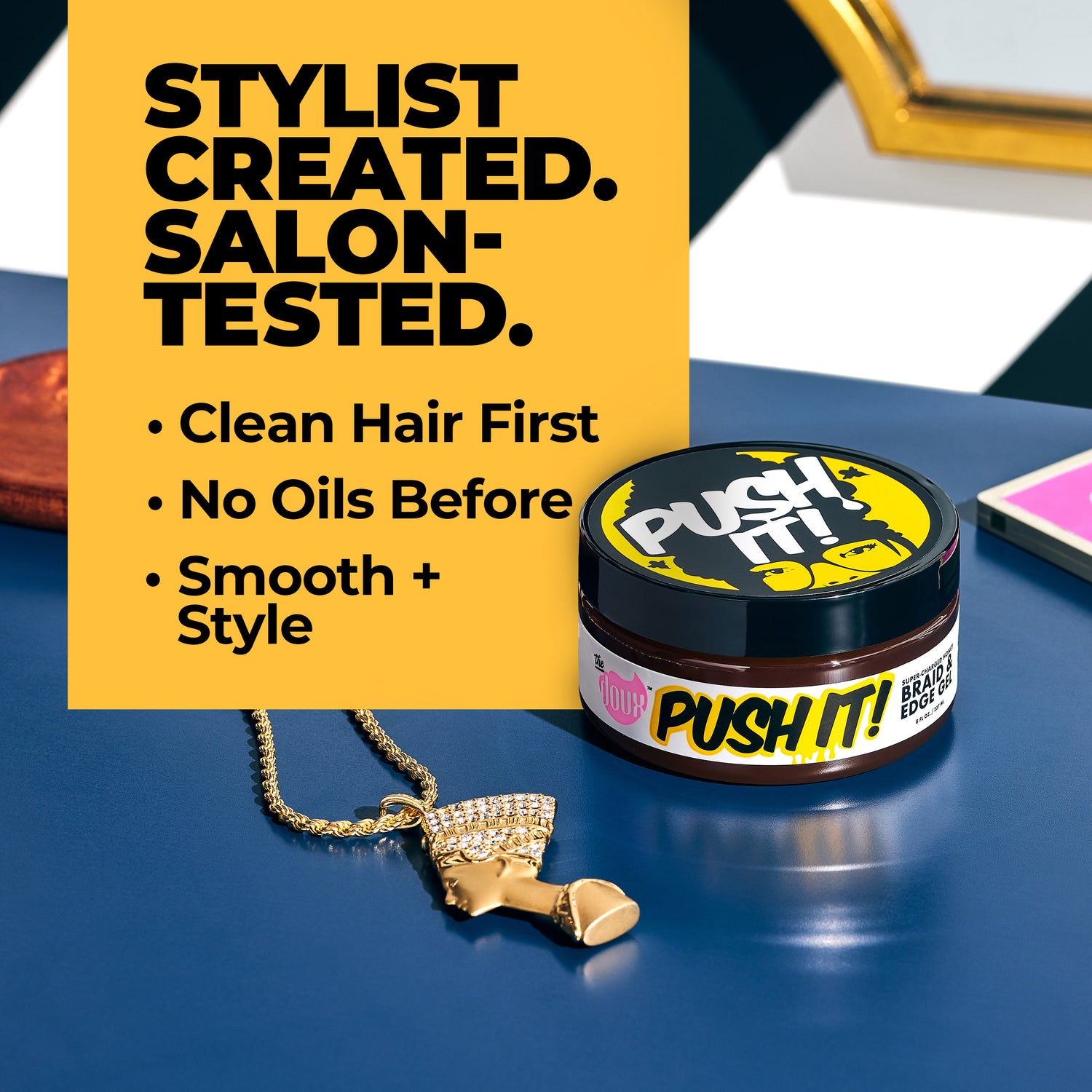a jar of hair care on a blue surface