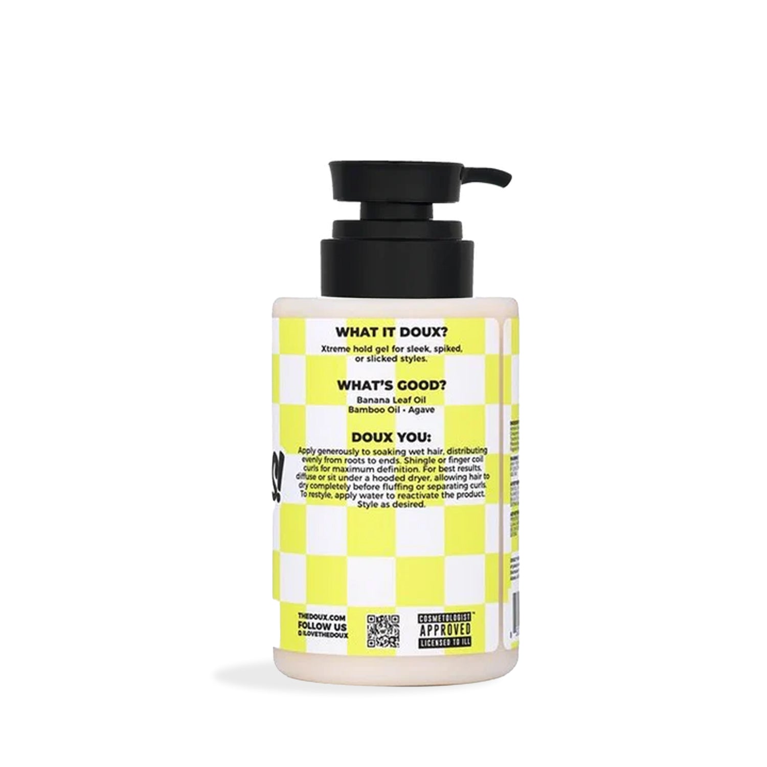 A bottle of Ben Nye What's Good Banana Leaf Oil wash with a black pump and a yellow-and-white checkered label, shown on a white background.