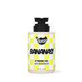 A bottle of The Doux Bananas! Xtreme Gel hair conditioner, featuring a black pump dispenser and a yellow-and-white checkered label, set against a plain white background.