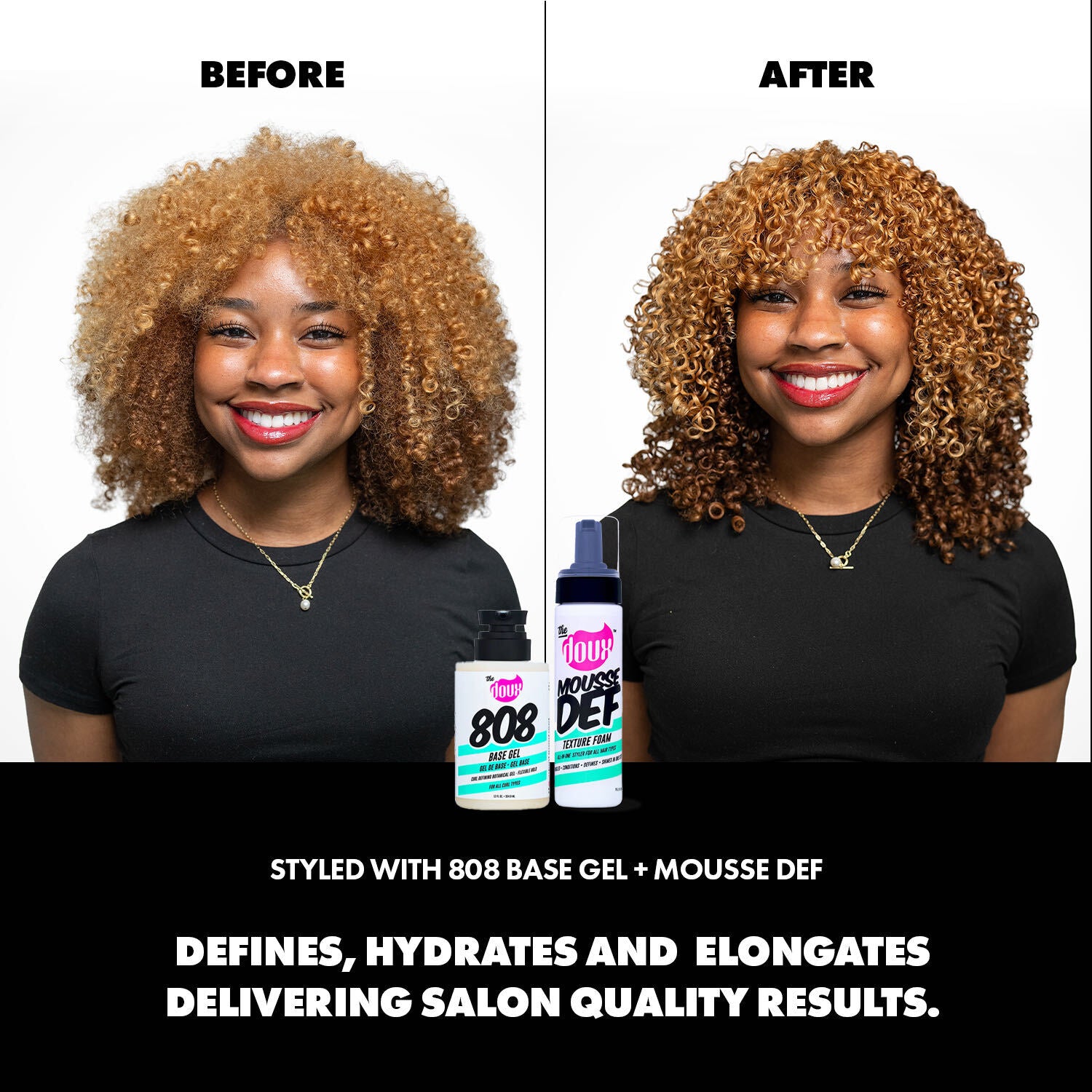 Before and after hair styling comparison showing a woman with voluminous curly hair, with salon product bottles labeled 808 Base Gel and Mousse Def centered below. Text at the bottom reads the product benefits.