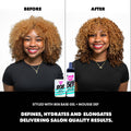 Before and after hair styling comparison showing a woman with voluminous curly hair, with salon product bottles labeled 808 Base Gel and Mousse Def centered below. Text at the bottom reads the product benefits.