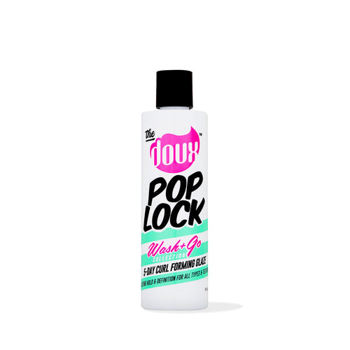 a white bottle with black cap and pink text