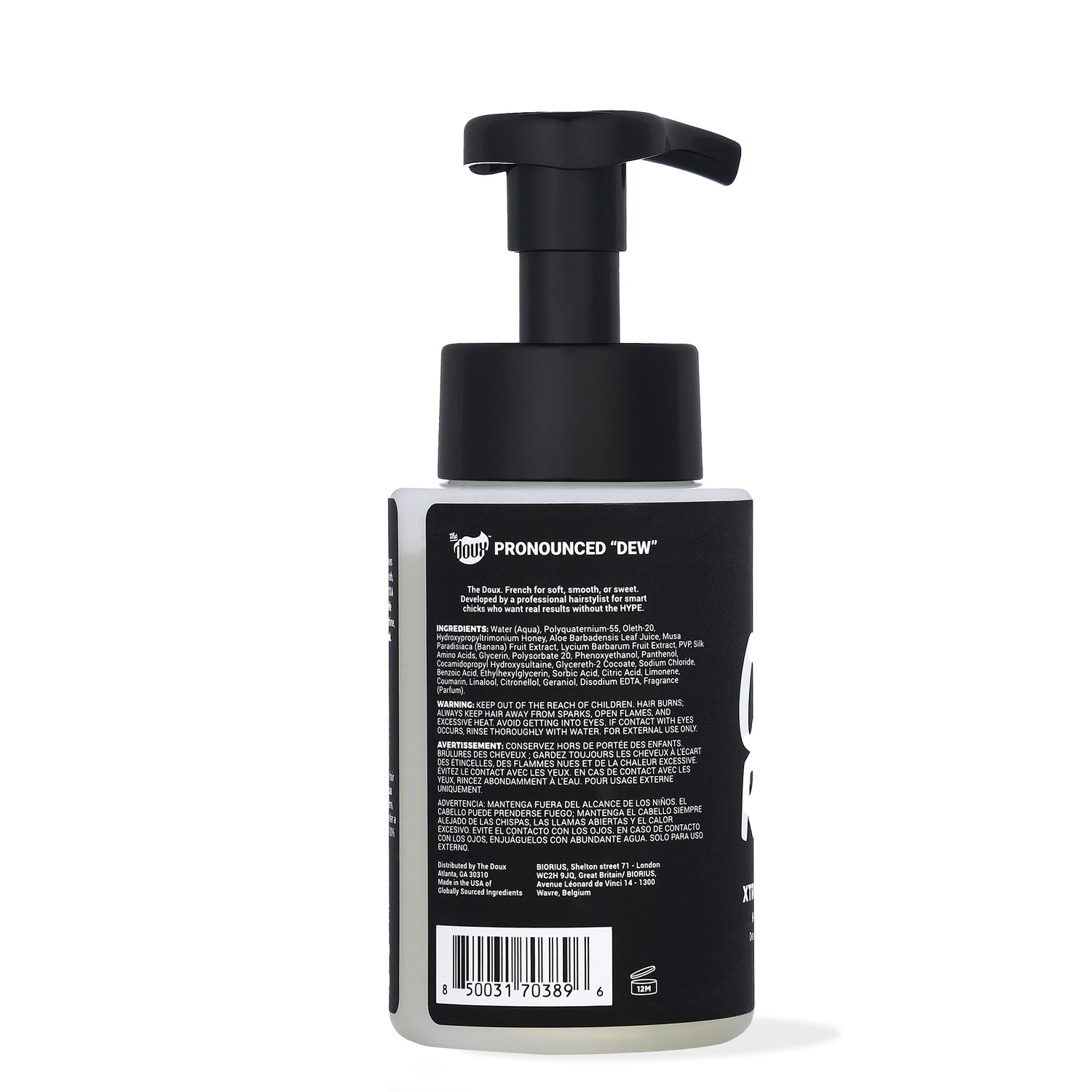a black and white bottle with a black label