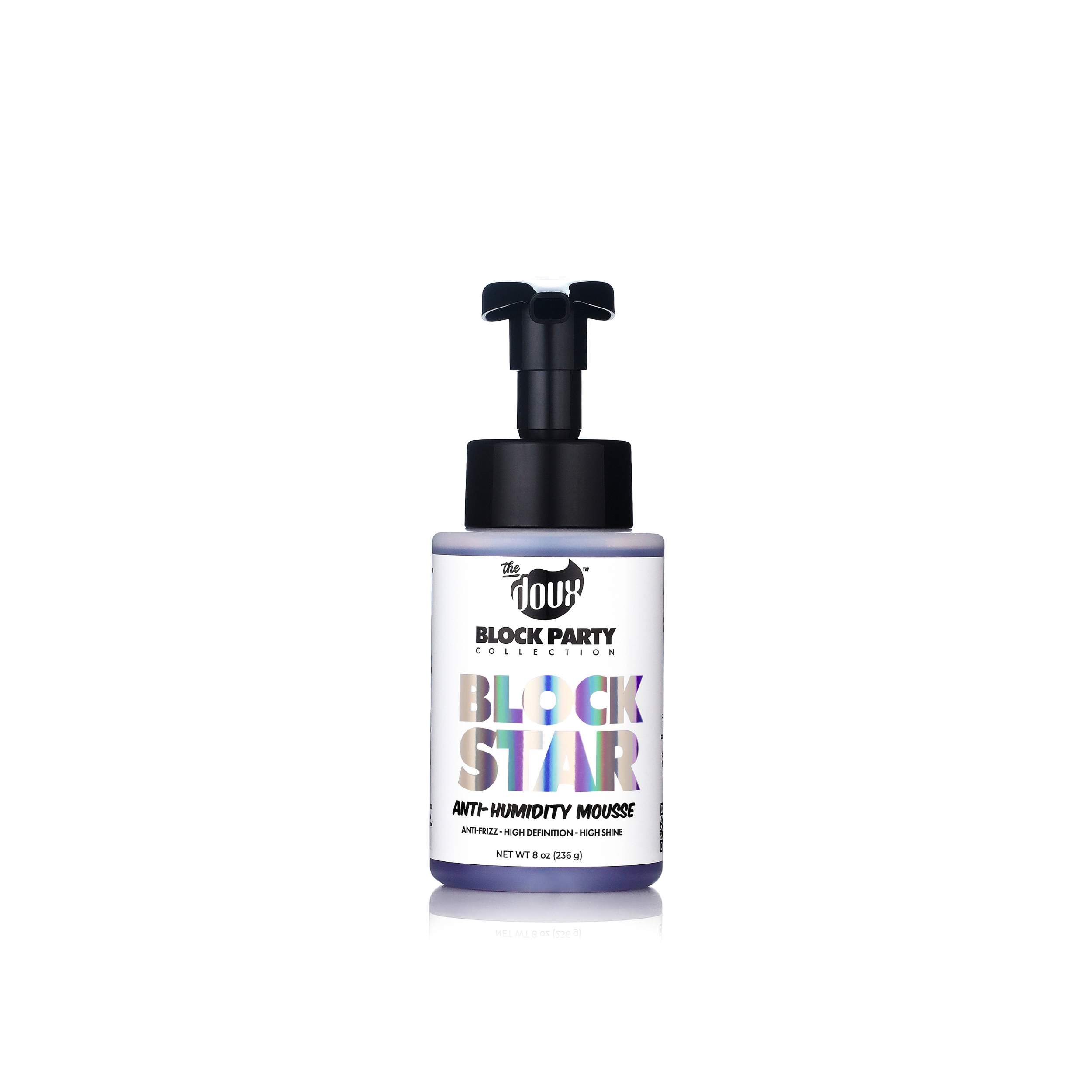 Black Star anti-humidity mousse bottle with black cap on a white background