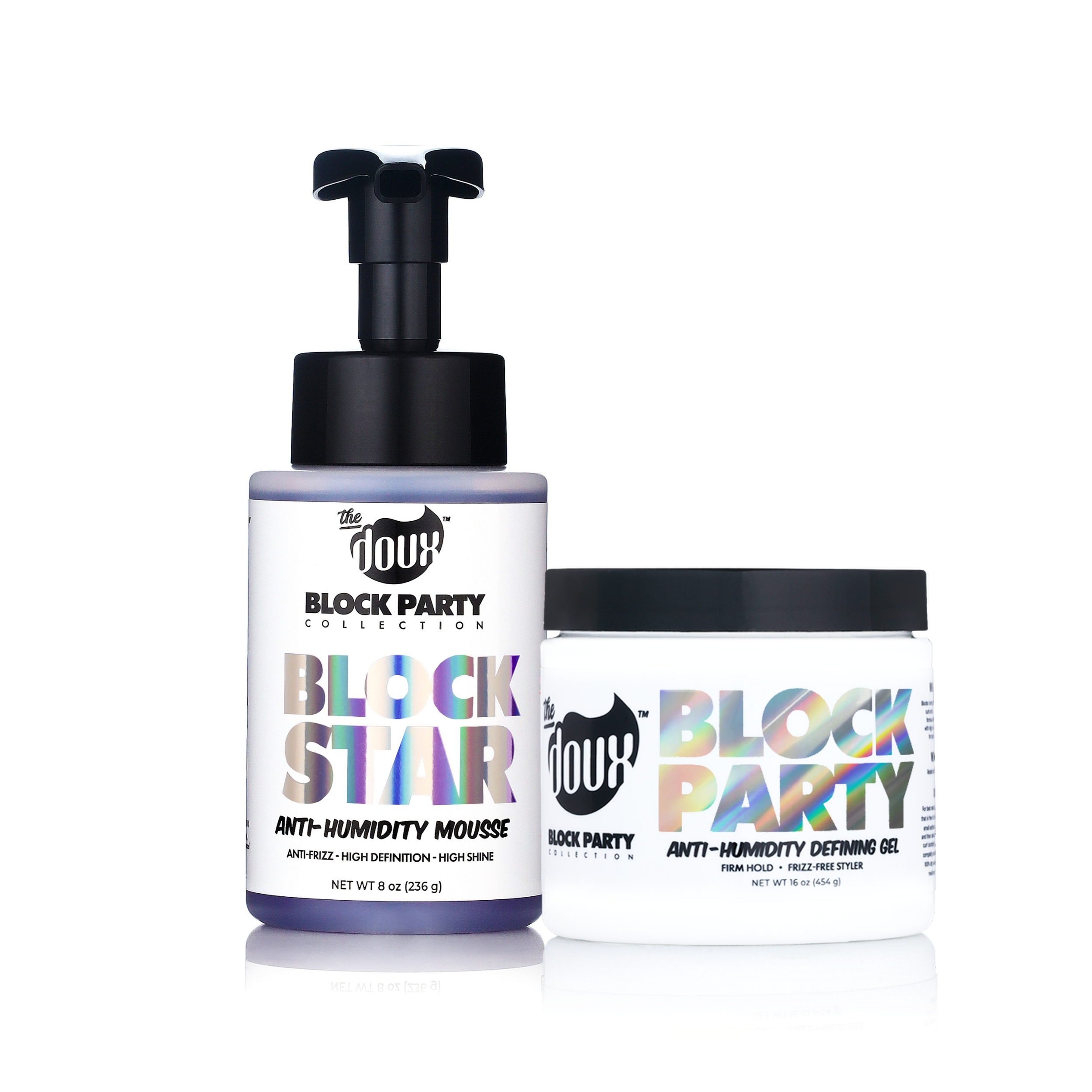 Two hair product containers from The 11th Hour Block Party Collection on a white background: an anti-humidity mousse bottle with a black pump and a defining gel jar with a black lid.