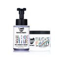 Two hair product containers from The 11th Hour Block Party Collection on a white background: an anti-humidity mousse bottle with a black pump and a defining gel jar with a black lid.