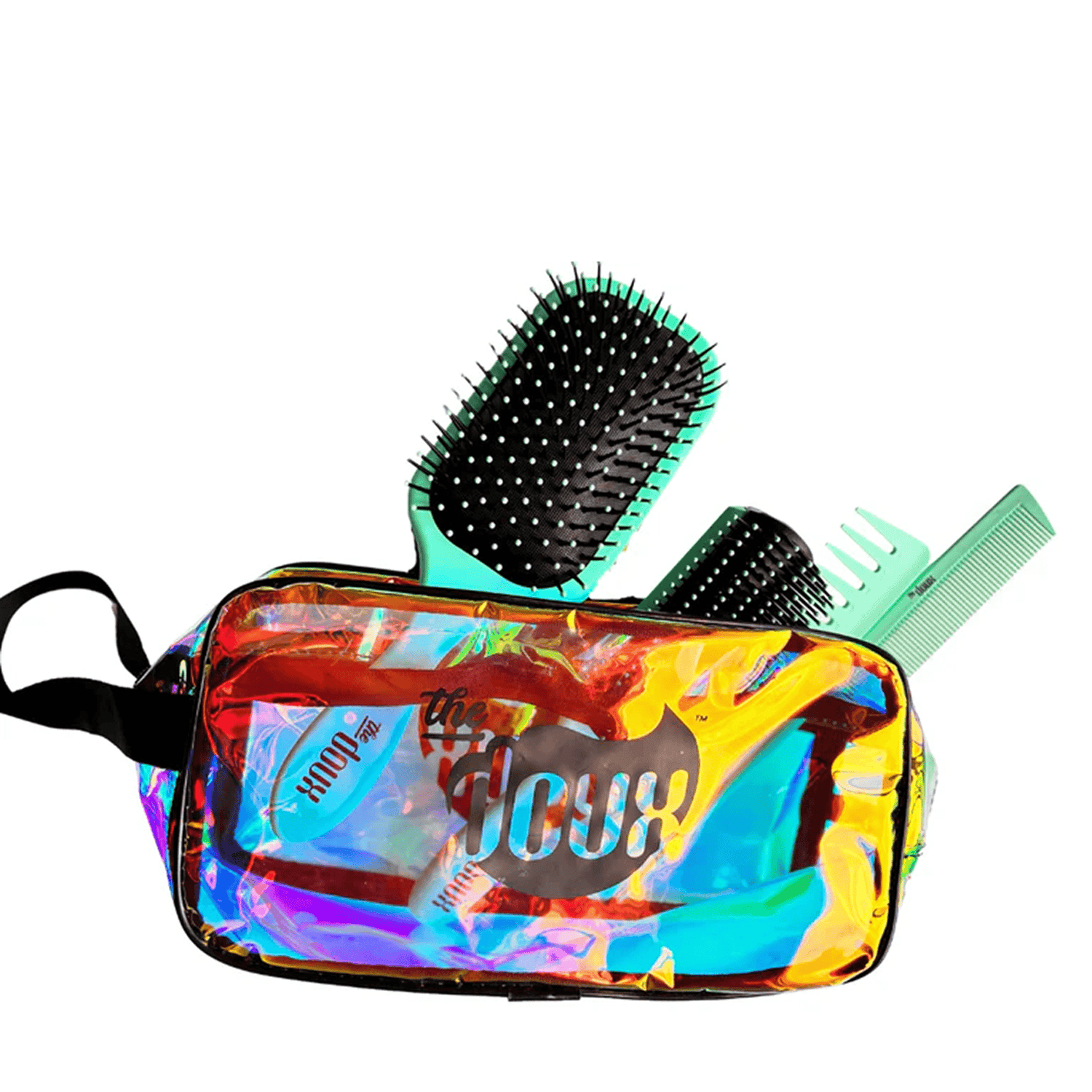a bag with a comb and hairbrushes