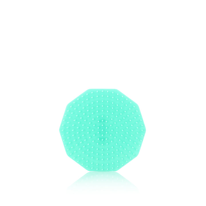 A palm-sized smoothing brush with a unique geometric design, predominantly in a light blue color.


